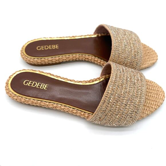 Gedebe Cassis Woven Slide Sandals Natural Rafia Rhinestone Glam Italy 39 US 9 - Picture 1 of 8